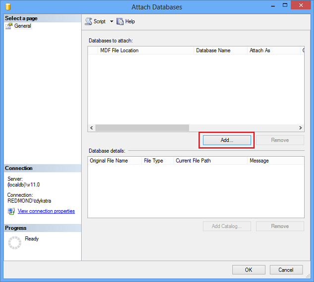 SSMS で .mdf ファイルをアタッチに追加してください
