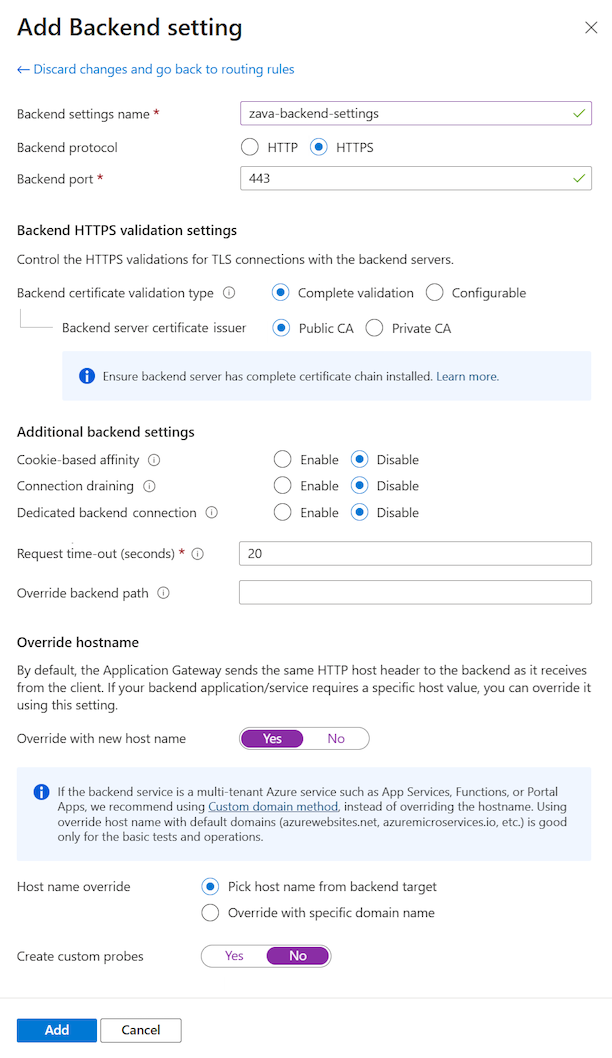 Azure portal で HTTPS プロトコル接続のバックエンド設定を構成する方法を示すスクリーンショット。