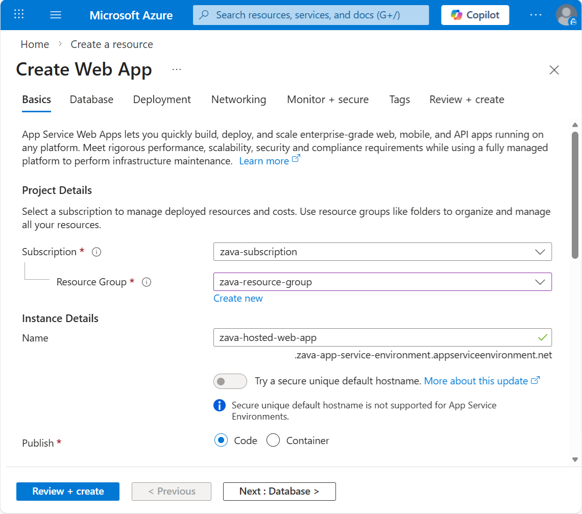 Azure portal のApp Service Environmentで Web アプリを作成する方法を示すスクリーンショット。