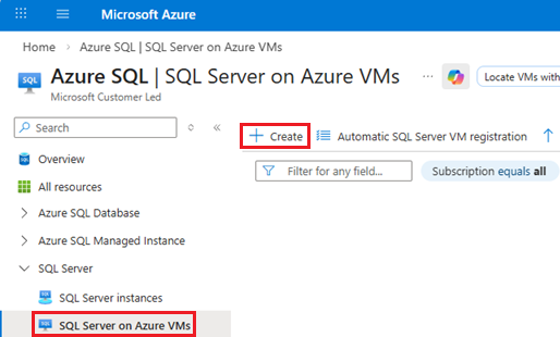 Azure portal の Azure SQL ハブ ページの [+作成] ボタンを示す [Azure VM 上の SQL Server] ページのスクリーンショット。