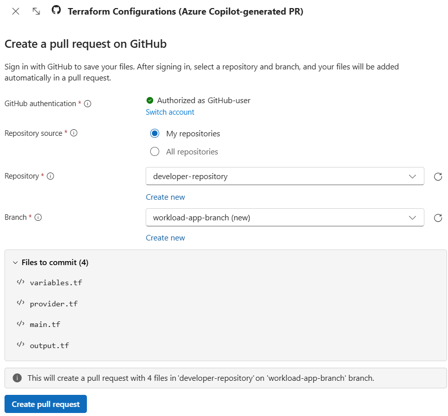 生成されたファイルを追加するために GitHub でプル要求を作成する Azure Copilot のスクリーンショット。