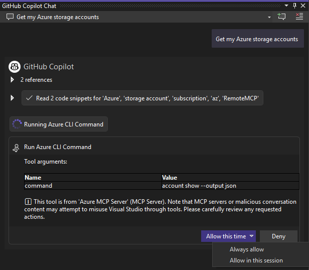 Visual Studio で Azure MCP Server ツールを実行する方法を示すスクリーンショット。