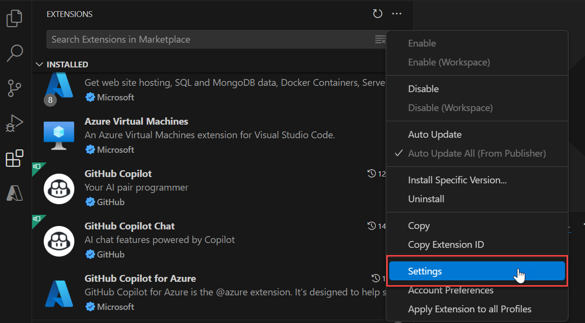 GitHub Copilot for Azure のポップアップ メニューを示すスクリーンショット