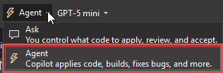 Visual Studio 2022 のチャット領域にあるモードメニューを示すスクリーンショット