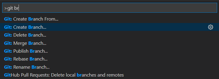 Git ブランチの検索のスクリーンショット。[Git Create Branch]\(Git ブランチの作成\) を選択します。