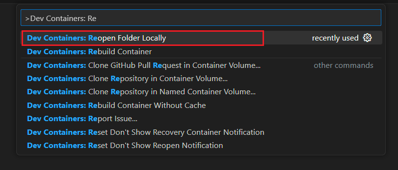 Visual Studio Code でローカル環境内の現在のフォルダーを再度開くコマンド パレット オプションのスクリーンショット。