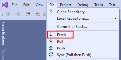 Visual Studio 2019 の Git メニューの [フェッチ] オプションのスクリーンショット。