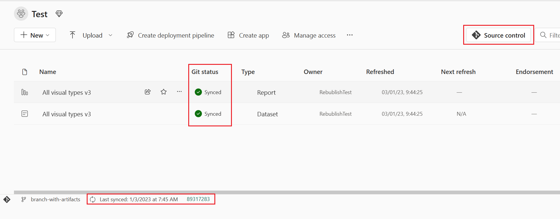 ソース管理アイコンとその他の Git 情報のスクリーンショット。