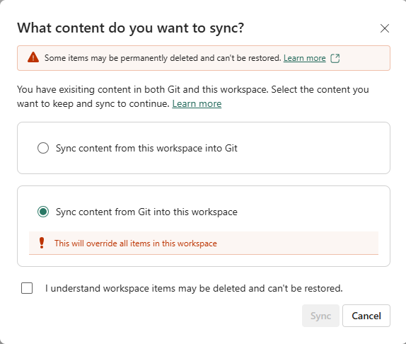 Git とワークスペースの両方にコンテンツがある場合に同期する方向を求めるダイアログのスクリーンショット。