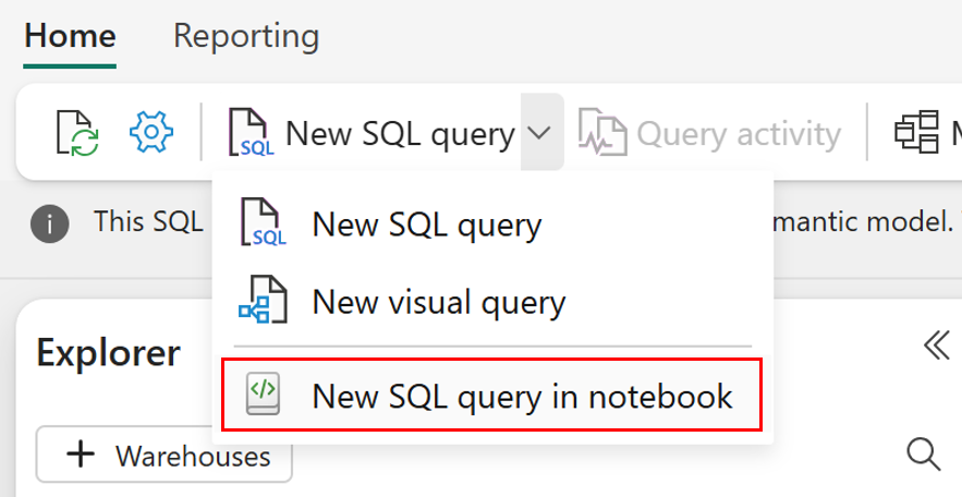 [新しい SQL クエリ] ドロップダウン リストを示す、Fabric ポータルの SQL クエリ エディターのスクリーンショット。