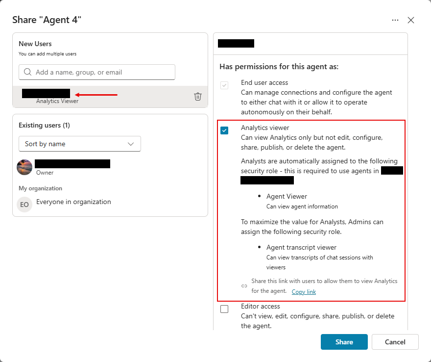 Analytics Viewer にユーザーへのアクセスを許可する [エージェントの共有] ウィンドウのスクリーンショット。