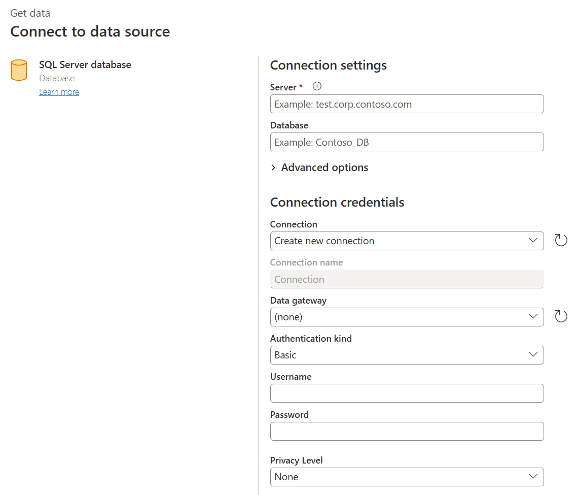 Power Query Online の SQL Server データベース接続ビルダーのスクリーンショット。