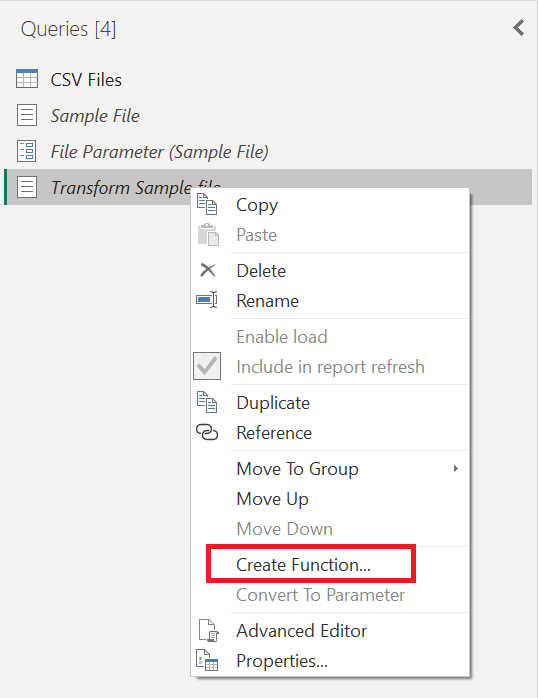 サンプル ファイル変換クエリに使用される関数の作成オプションのスクリーンショット。