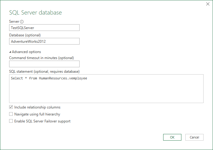 ネイティブ データベース クエリを含む SQL Server データベース ダイアログのスクリーンショット。