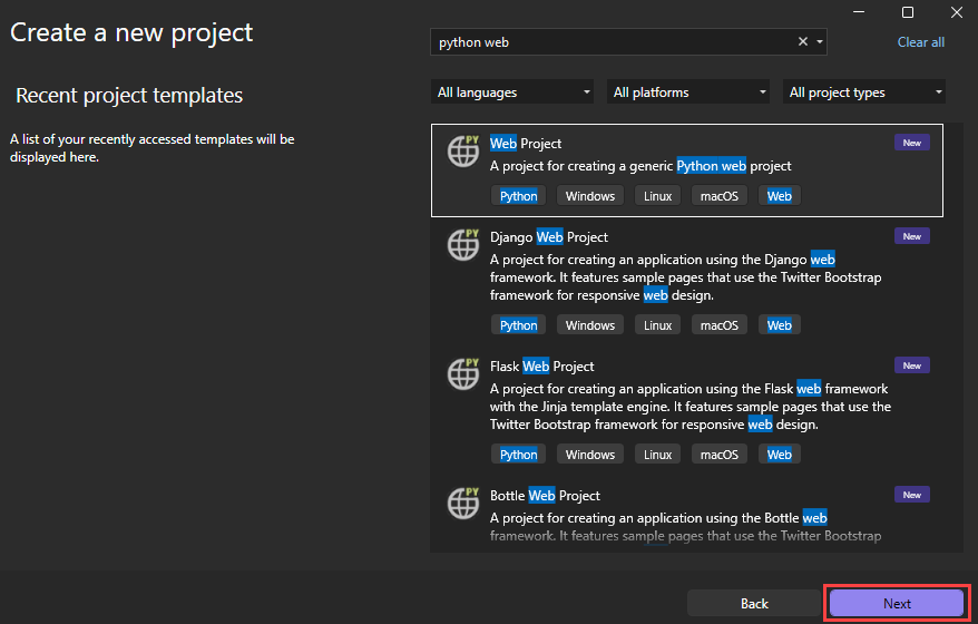 Visual Studio で新しい Python Web プロジェクトを作成する方法を示すスクリーンショット。