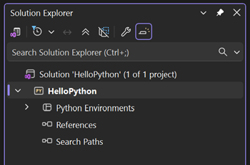 ソリューション エクスプローラーで新しく作成された空の Python Web プロジェクトを示すスクリーンショット。