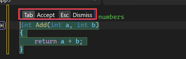 Visual Studio で GitHub Copilot コードの提案を受け入れるか変更するための提案を示すスクリーンショット。