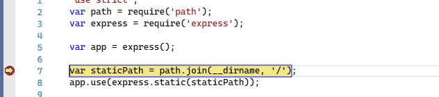 JavaScript コードを示す Visual Studio Code ウィンドウのスクリーンショット。左側の余白に黄色の矢印が付いた赤い点は、コードの実行の一時停止を示します。