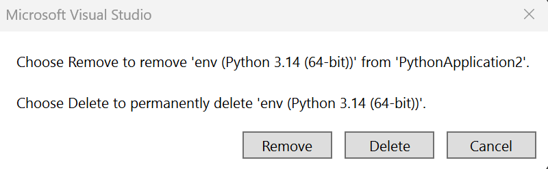Python 環境を削除または削除する方法を示すスクリーンショット。