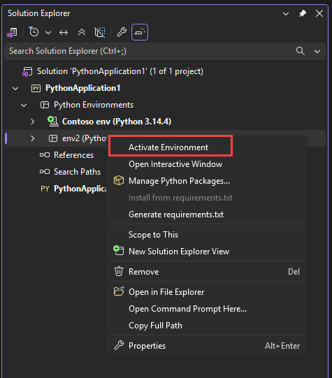 Visual Studio でプロジェクト環境をアクティブ化する方法を示すスクリーンショット