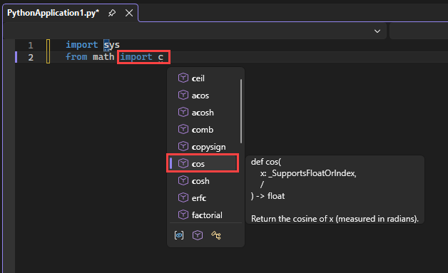 Visual Studio のエディターで、IntelliSense でインポート関数で使用可能なモジュール メンバーがどのように表示されるかを示すスクリーンショット。