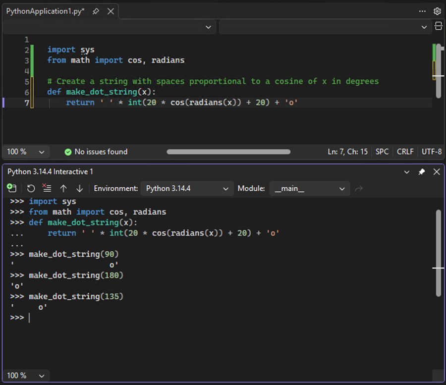 Visual Studio の対話型ウィンドウに送信された関数コードのテストを実行する方法を示すスクリーンショット。