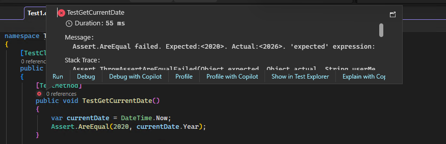Visual Studio で詳細を選択した後の C++ CodeLens アイコンを示すスクリーンショット。