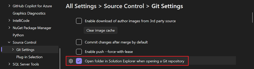 [オプション] ウィンドウの [Git リポジトリを開くときにソリューション エクスプローラーでフォルダーを開く] オプションのスクリーンショット。