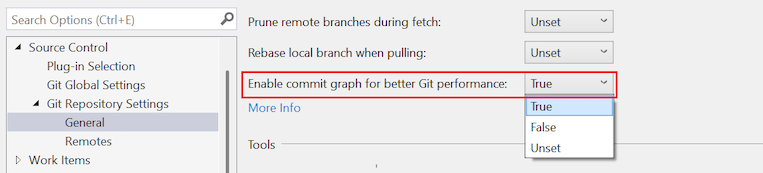 ローカル リポジトリの [Git パフォーマンスを向上させるためにコミット グラフを有効にする] オプションを示すスクリーンショット。