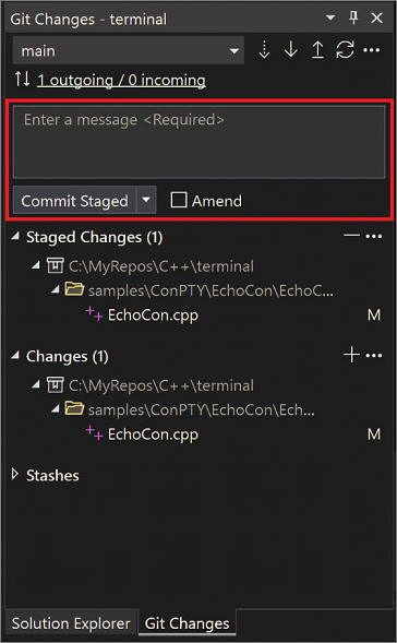 Visual Studio 2022 の [Git の変更] ダイアログのスクリーンショット。