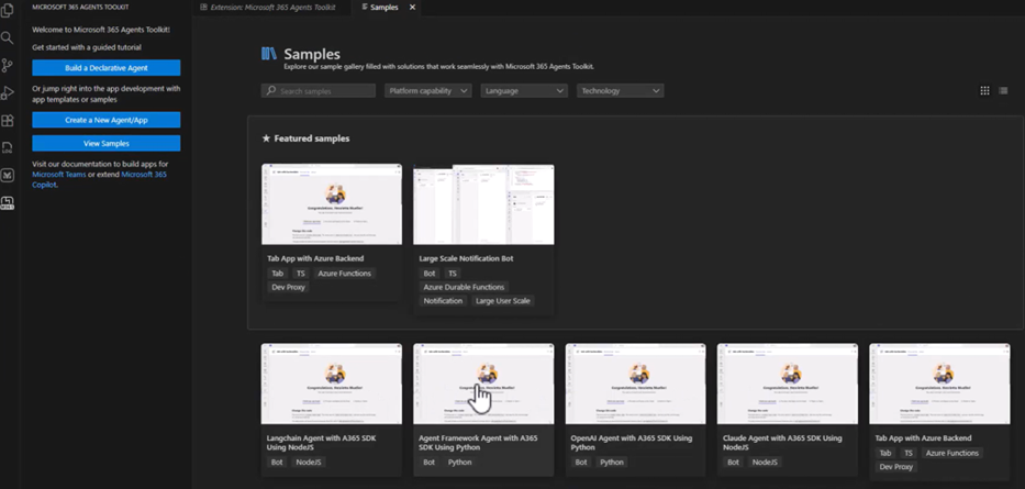 Skjermbilde av velkomstvisning for verktøysett med bygg en deklarativ agent, opprett en ny agent eller app, og vis eksempler-alternativer.