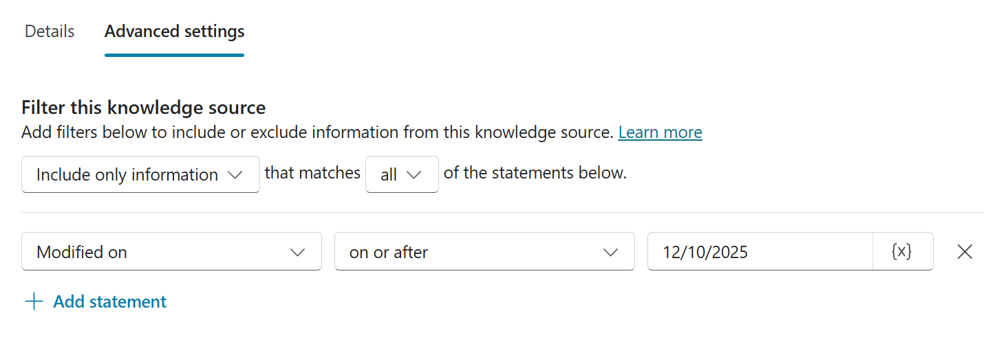 Skjermbilde av avanserte innstillinger for SharePoint kunnskapskilden, som viser et eksempel på de konfigurerte innstillingene.