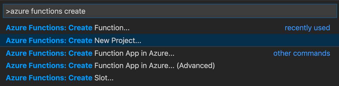 Schermopname van het venster Nieuw project maken in Visual Studio Code voor Azure Functions.