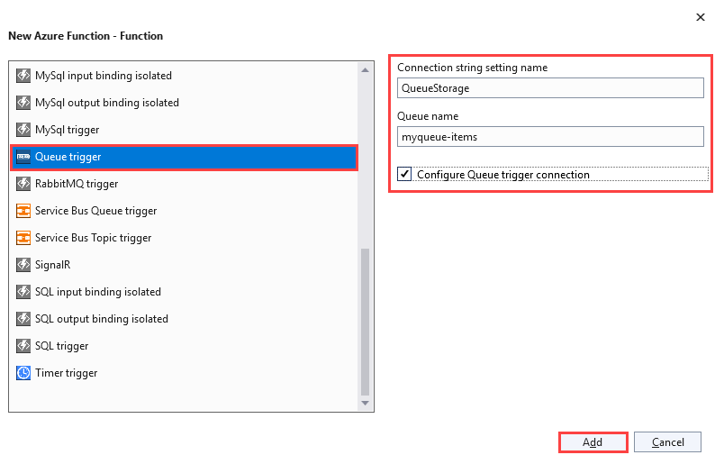Schermopname van het dialoogvenster Nieuwe Azure-functie voor een wachtrijtrigger, waarbij de naam van de verbindingsreeks is ingesteld op QueueStorage en de wachtrij op myqueue-items.