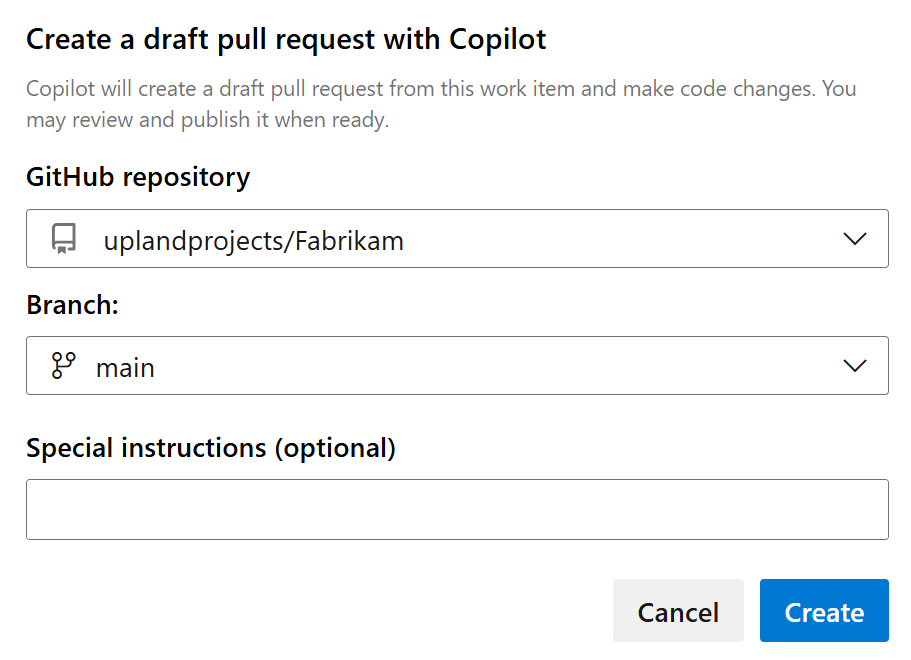Schermafbeelding toont dropdownmenu’s voor repository en branch, voor het maken van een concept pull-aanvraag met Copilot.