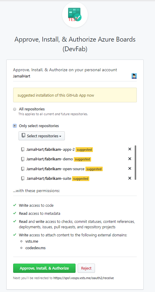 Schermafbeelding met bevestiging van GitHub repositorys.
