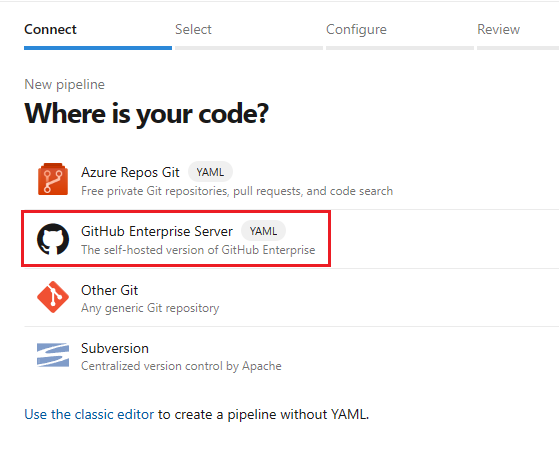 Schermopname van GitHub selecteren als de locatie van uw code.