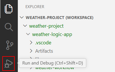 Screenshot toont de Visual Studio Code Activiteitenbalk met Uitvoeren en Fouten opsporen geselecteerd.
