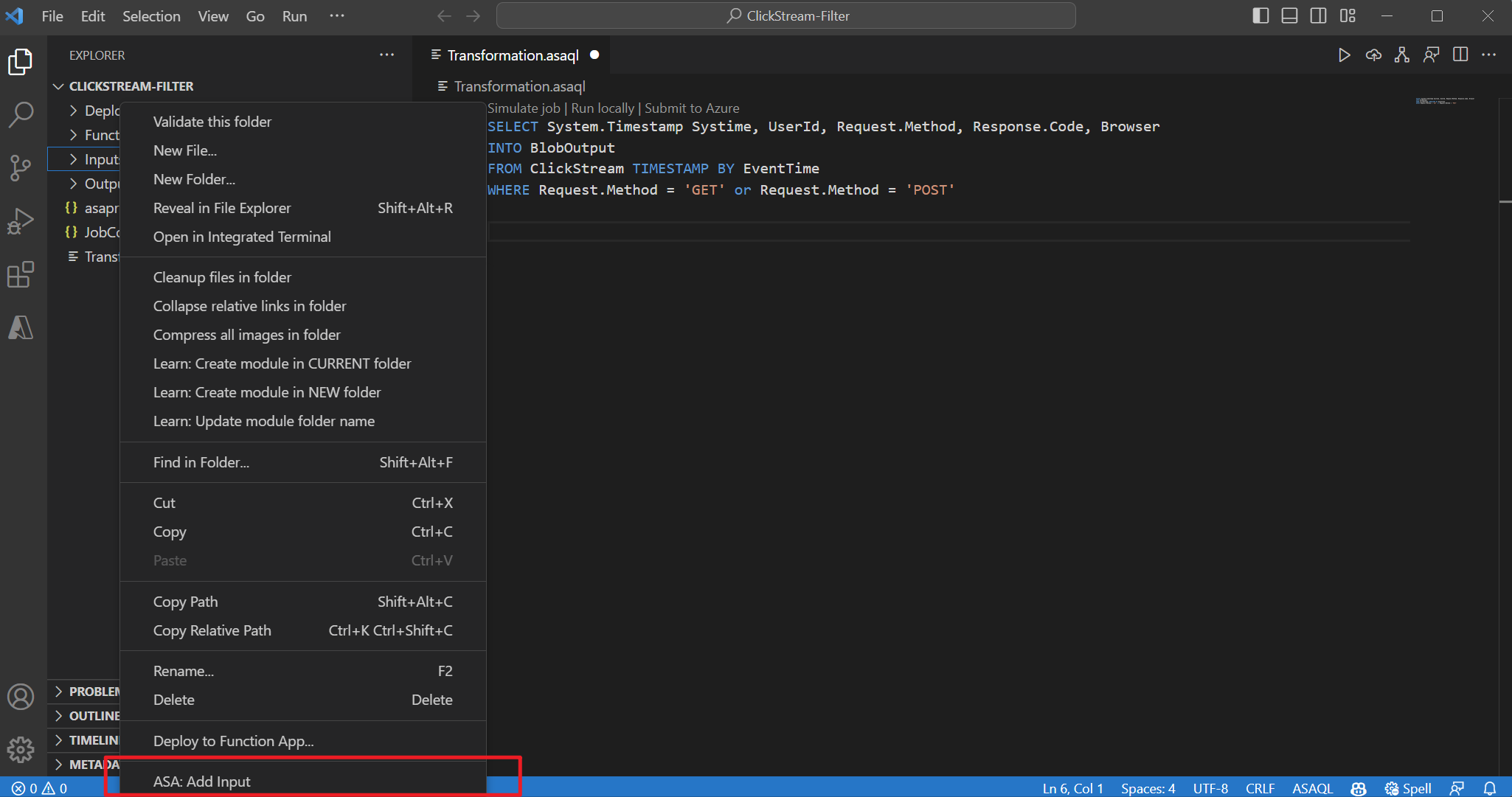 Screenshot van de VS Code-extensie die invoer toevoegt via het vervolgkeuzemenu.