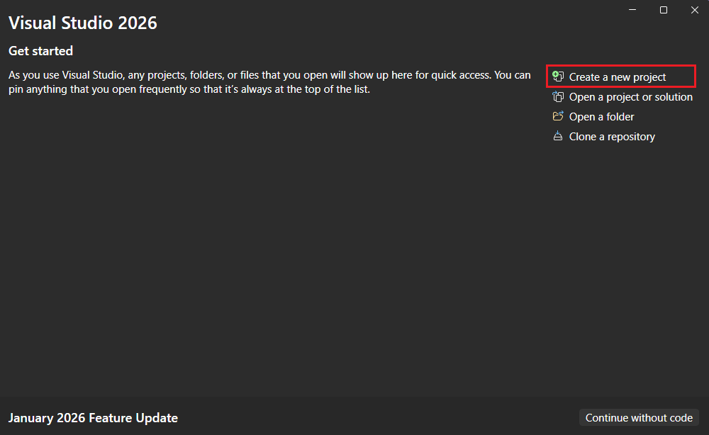  Maak een nieuwe projectknop op de Visual Studio startpagina