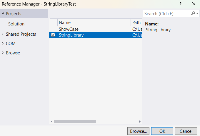 Voeg StringLibrary toe als projectreferentie voor StringLibraryTest.