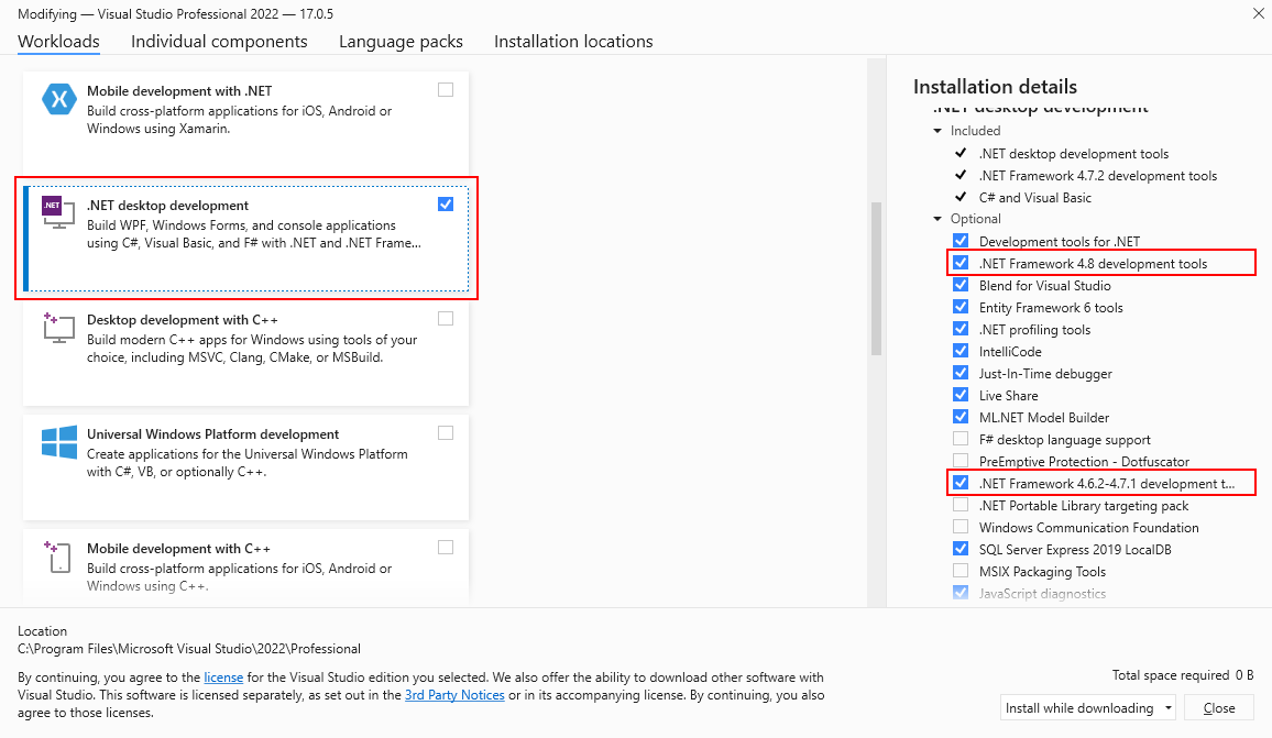 Visual Studio-installatieprogramma met .NET Framework-opties geselecteerd.