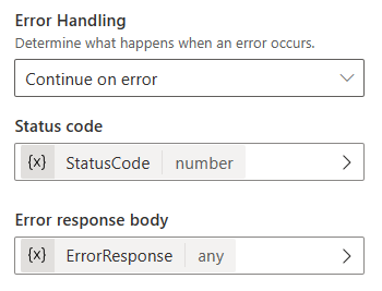 Schermafbeelding van het paneel 'Eigenschappen van HTTP-aanvraag' voor een 'HTTP-aanvraag'-knooppunt met de configuratie voor foutverwerking, om door te gaan bij fouten. Variabelen voor de statuscode en de hoofdtekst van de foutrespons zijn geselecteerd.