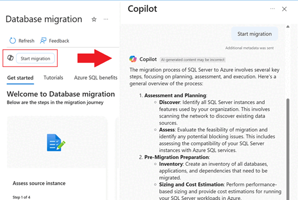 Schermafbeelding met het pictogram Copilot in het deelvenster Databasemigratie in de Azure portal.