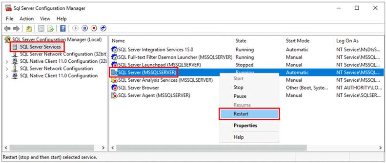 Schermafbeelding die de SQL Server opdrachtaanroep voor herstarten toont.