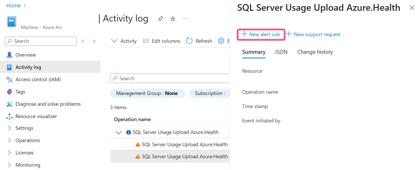 Schermopname van Azure Portal. Selecteer logboekvermelding.