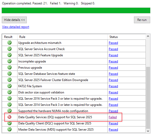 Screenshot van het SQL Server-scherm met functieregels voor upgrade, waarbij Data Quality Services in rood is gemarkeerd.