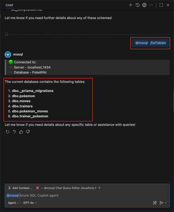 Schermopname van het gebruik van de slash-opdracht /listTables in GitHub Copilot-chat.