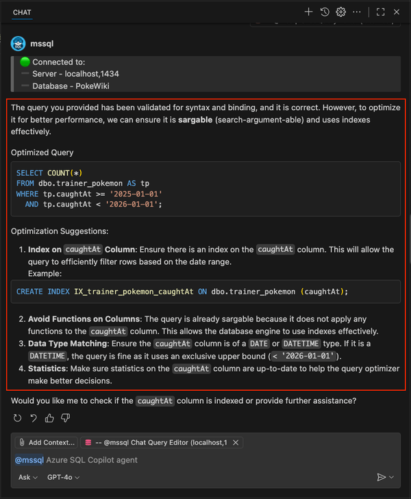 Schermopname van de opdracht /optimize slash gedetailleerde optimalisatiesuggesties en het maken van indexen.