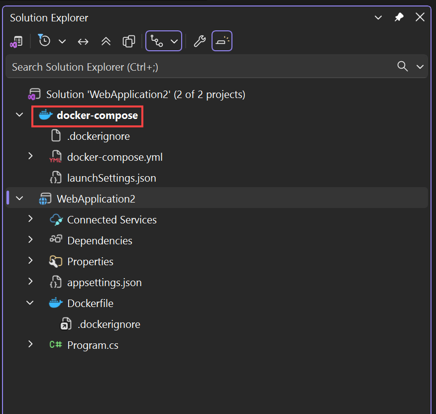 Schermopname van Docker-bestanden in Solution Explorer.